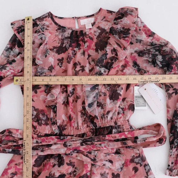 Rachel Parcell Floral Print Ruffle Chiffon  Blouson Maroon Midi Dress 4 - Picture 3 of 14